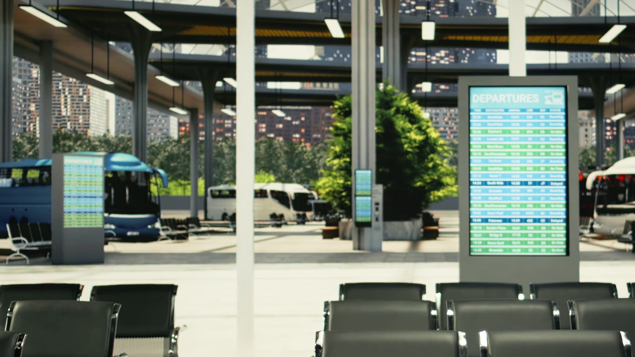 Terminal degli autobus affollato con passeggeri diversi che si preparano per viaggi a lunga percorrenza.