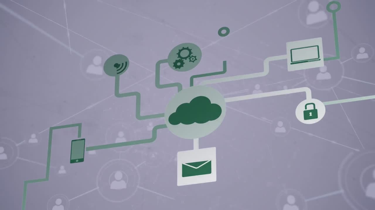 Animation of network of connections with icons on white background