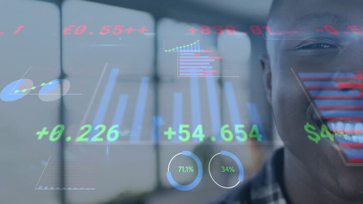 Animation of financial data processing over smiling african american businessman in office