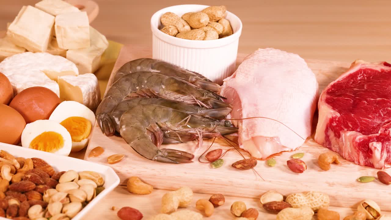 variedad de carnes, nueces y mariscos expuestos