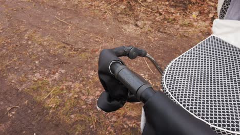 pov shot of mother gently swing baby carriage during outdoor walk