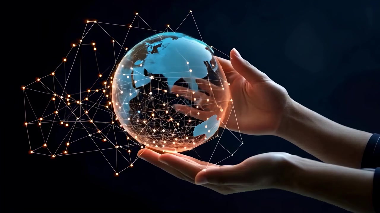Manos sosteniendo un globo digital brillante con conexiones de red