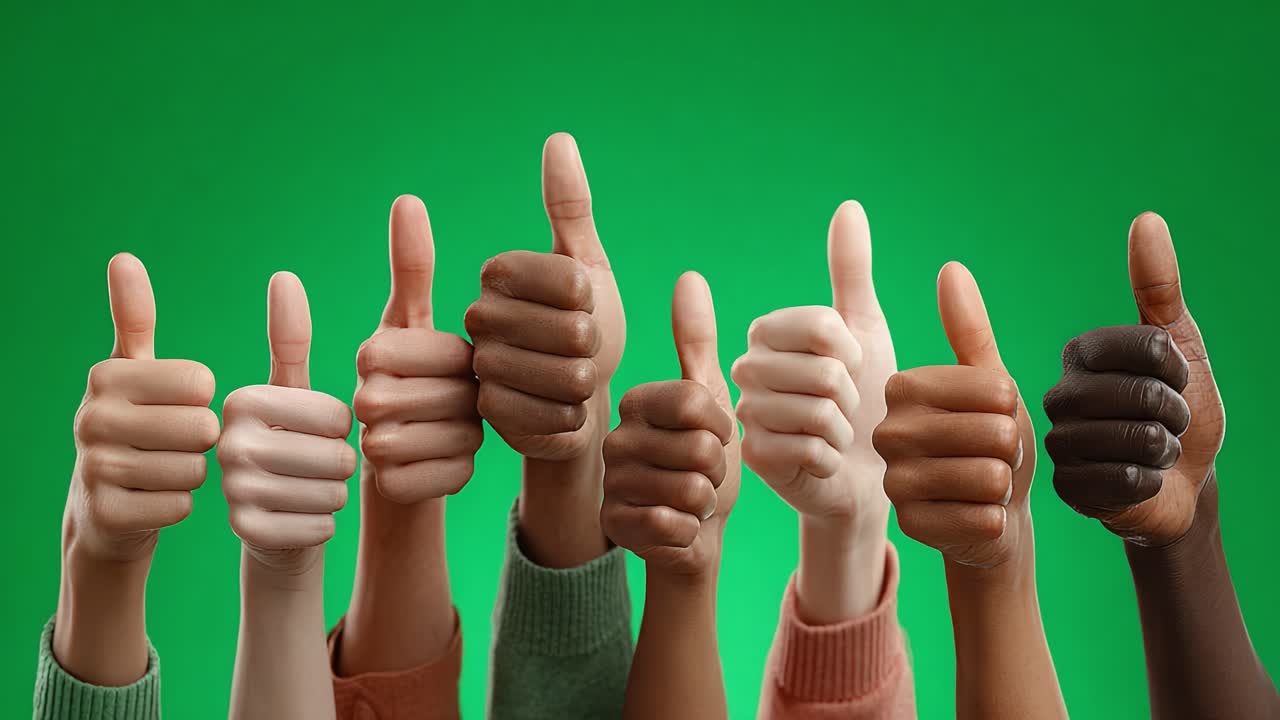 Una colección diversa de pulgares hacia arriba: celebrando el positivismo y la conformidad a través de una muestra unificada de manos alzadas sobre un vibrante fondo verde