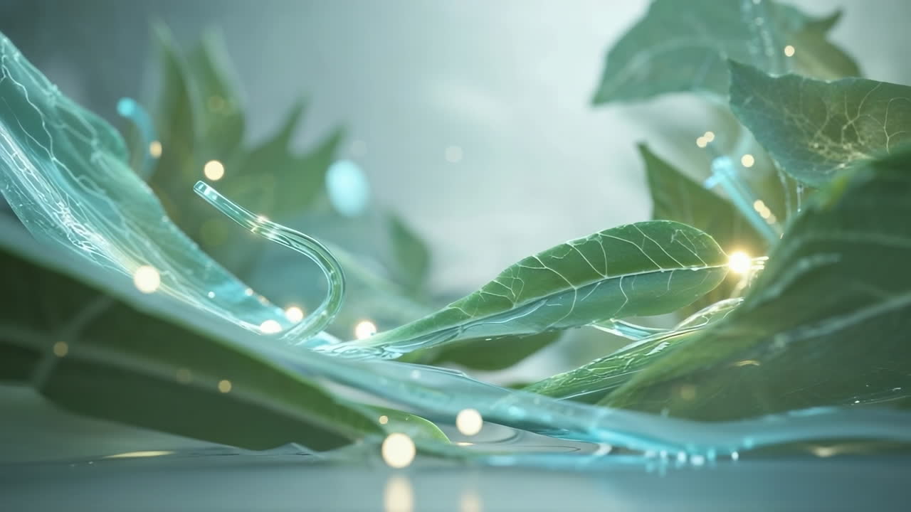 Bioluminescent Green Leaves with Futuristic Energy Flow