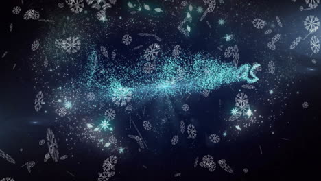 snowflakes and sparkling particles forming text animation over dark background