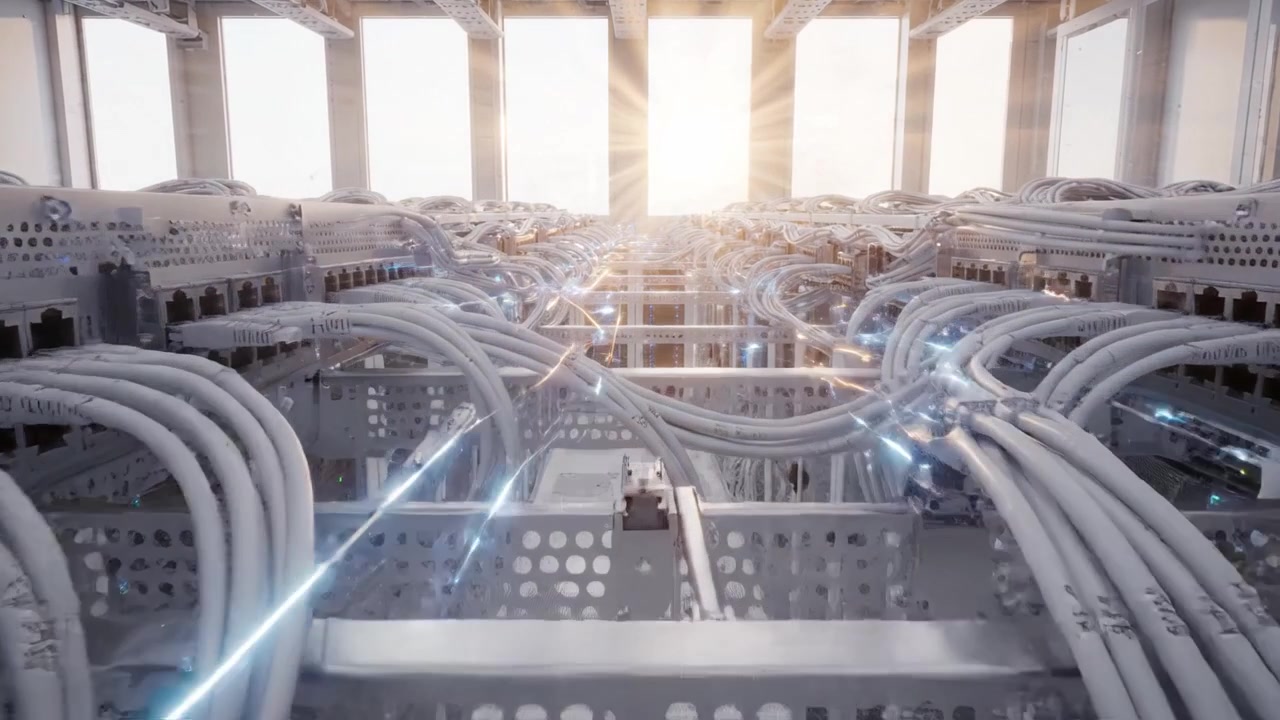 A Stunning View of a High-Tech Data Center with Cables and Servers Bathed in Light, Showcasing the Future of Technology and Connectivity in Modern Infrastructure