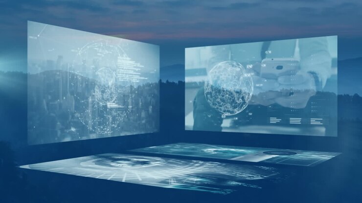 Animation of data processing on screens over landscape