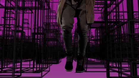 animations of walking men and black shapes over purple background