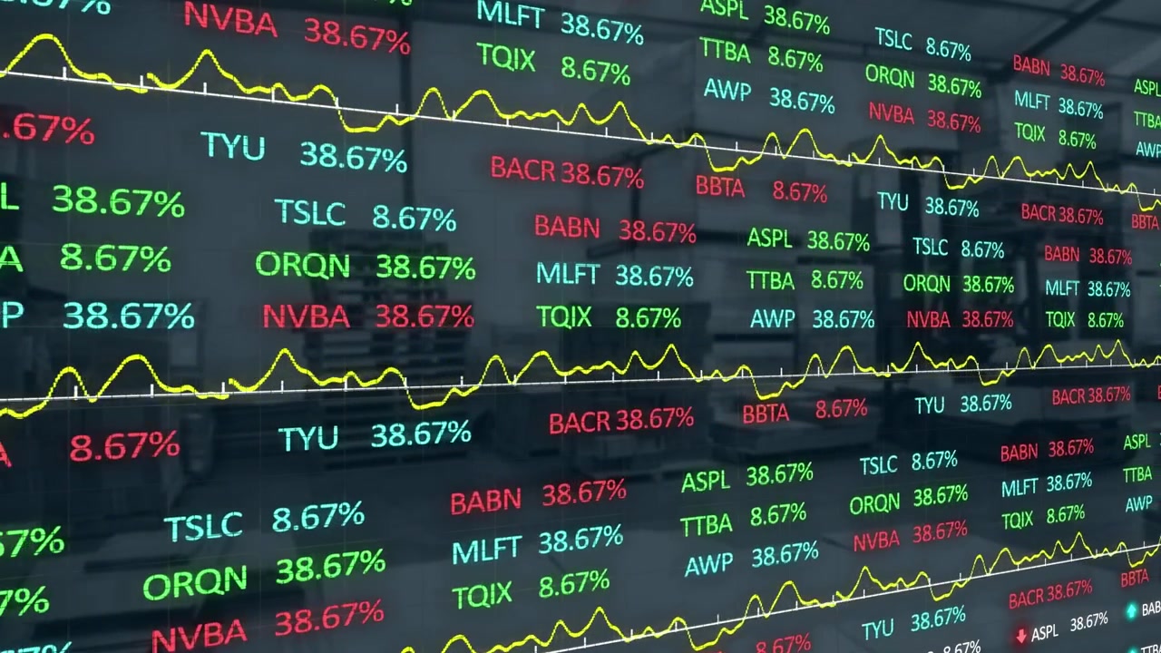 Animazione digitale che mostra l'elaborazione e il networking di dati finanziari globali.