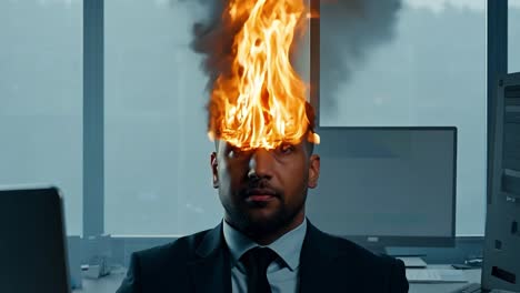 businessperson at desk with head on fire, symbolizing extreme stress in high pressure office. stress, burnout, work pressure, mental health