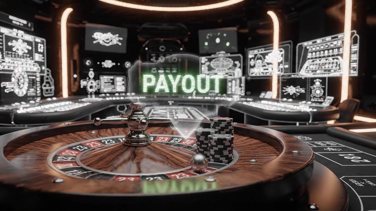 Un'elegante configurazione di gioco da casinò con una ruota della roulette raffinata e fiches impilate in un ambiente di gioco moderno con display ad alta tecnologia.
