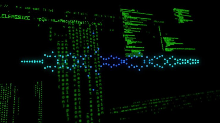 Animation of digital waveform with green code lines representing data processing