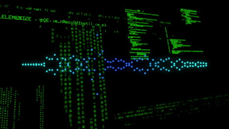 Animation of digital waveform with green code lines representing data processing