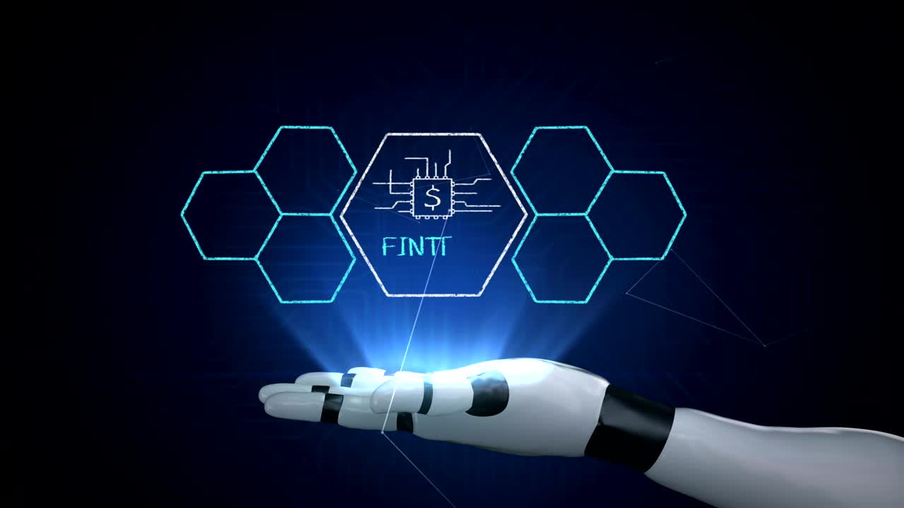 icono de fin-tech y varios gráficos en el brazo del robot. tecnología financiera futurista. película 4k.
