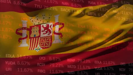 animation of trading board over waving flag of spain against black background