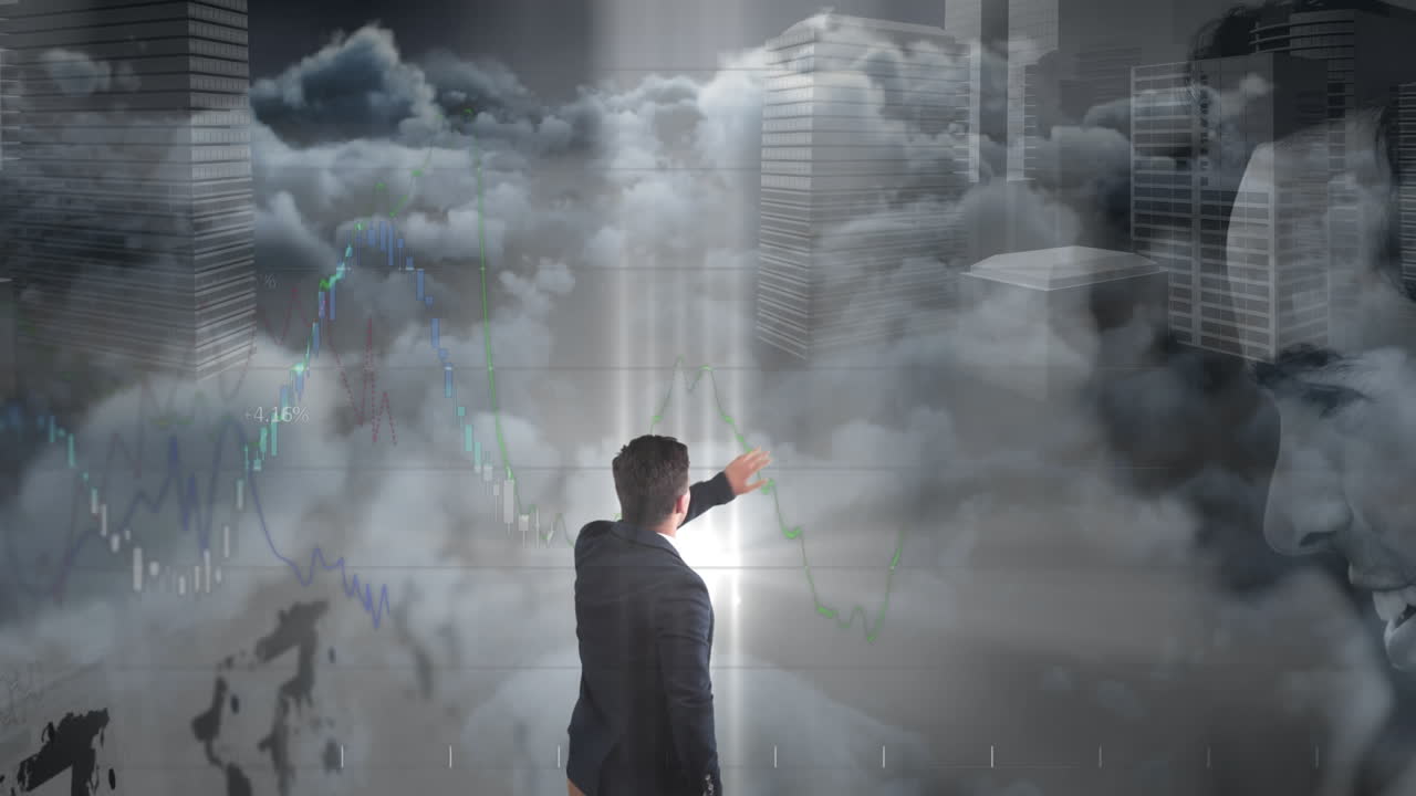 데이터 처리와 함께 인터랙티브 스크린을 만지는 사업가의 애니메이션