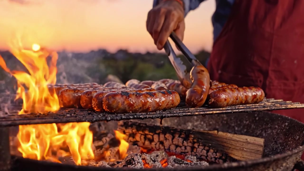 Tirisevät makkarat grillissä auringonlaskun aikaan: Grillaamisen mestarikurssi suussa sulavilla mauilla ja täydellisesti hiiltyneillä herkuilla.