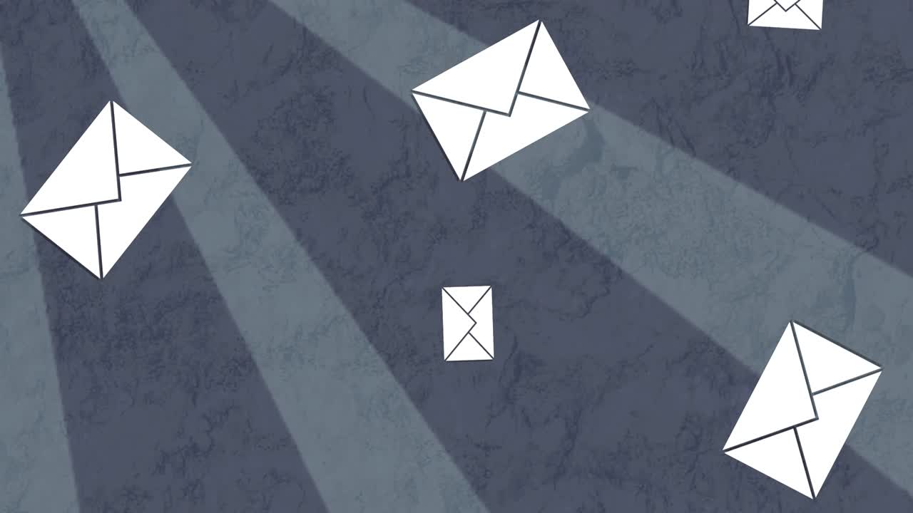 animación de los iconos de correo electrónico del sobre que caen sobre rayas grises rotativas que se mueven en un bucle sin costuras