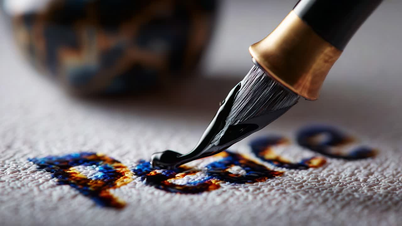 A Close-Up View of a Calligraphy Pen Elegantly Applying Black Ink to Spell 'Peace' on Textured Paper, Capturing the Artistry of Writing and the Essence of Tranquility