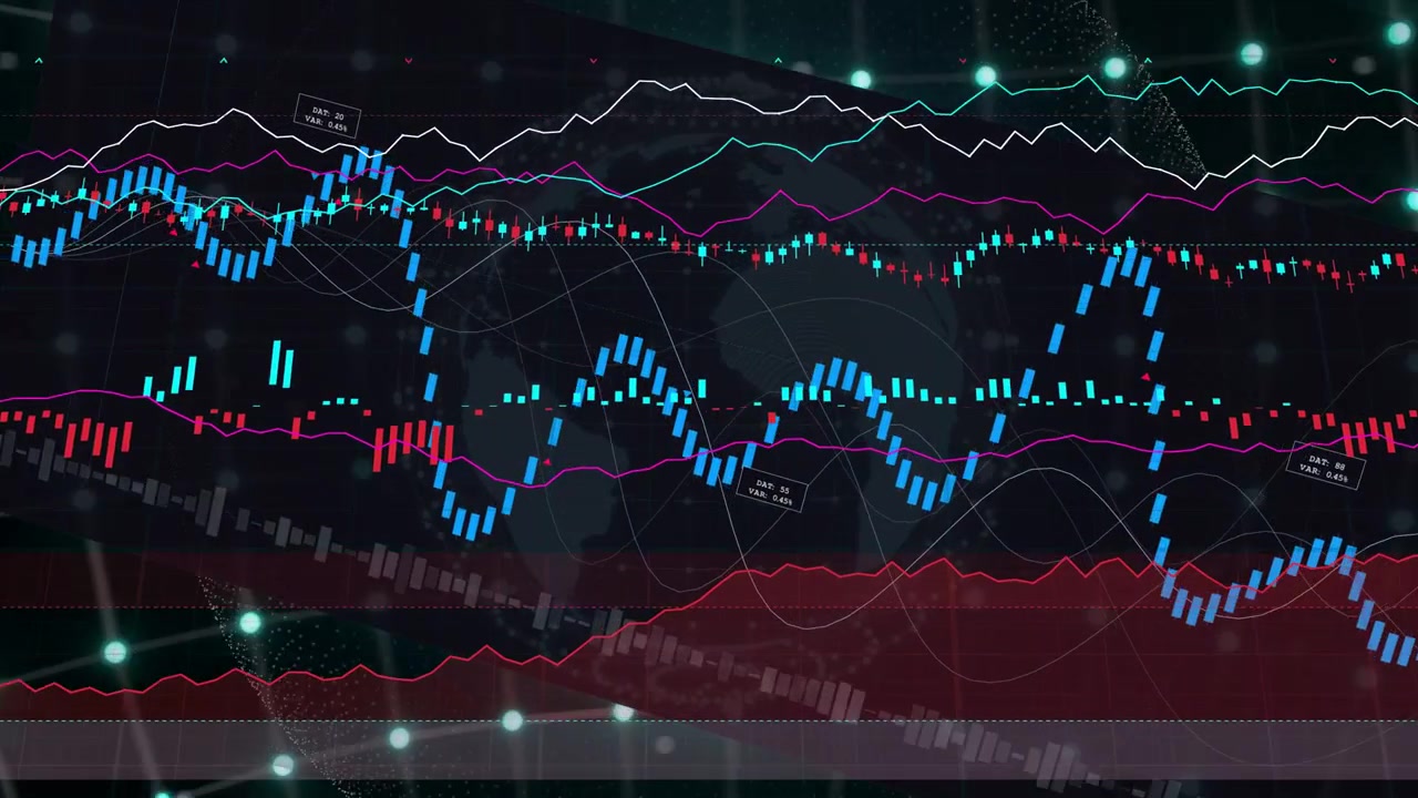 Translucent panel appearing and tilting, HUD drawing blue waves and red bars visualizing metrics