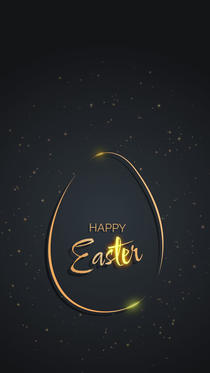 Happy Easter greeting card with golden Easter egg and bunny ears. Handwritten holiday wishes on black background with sparkle. Loop. Vertical video.
