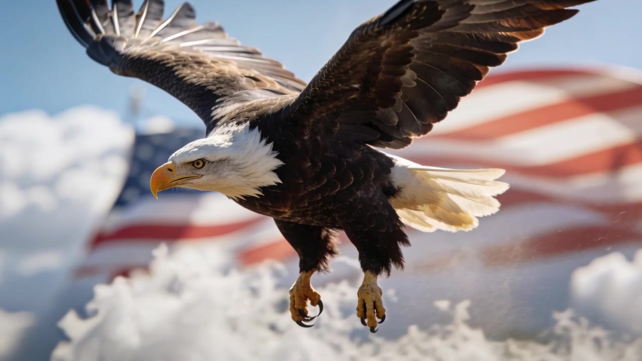 Aigle chauve adulte entrant par la gauche, volant vers la caméra au-dessus des nuages, avec un drapeau américain flottant