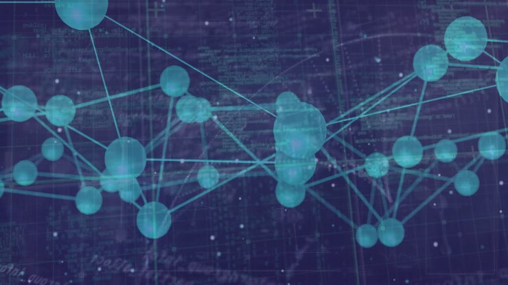 Technical blueprint background with network connections and data processing animation