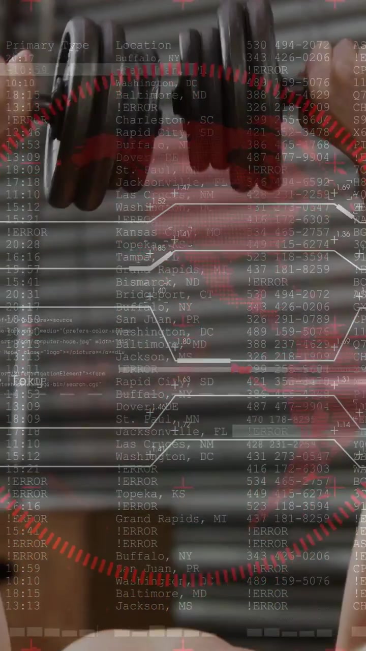 Vertical video: Man pressing dumbbells in gym, first rep causing red HUD growing, tracking fitness
