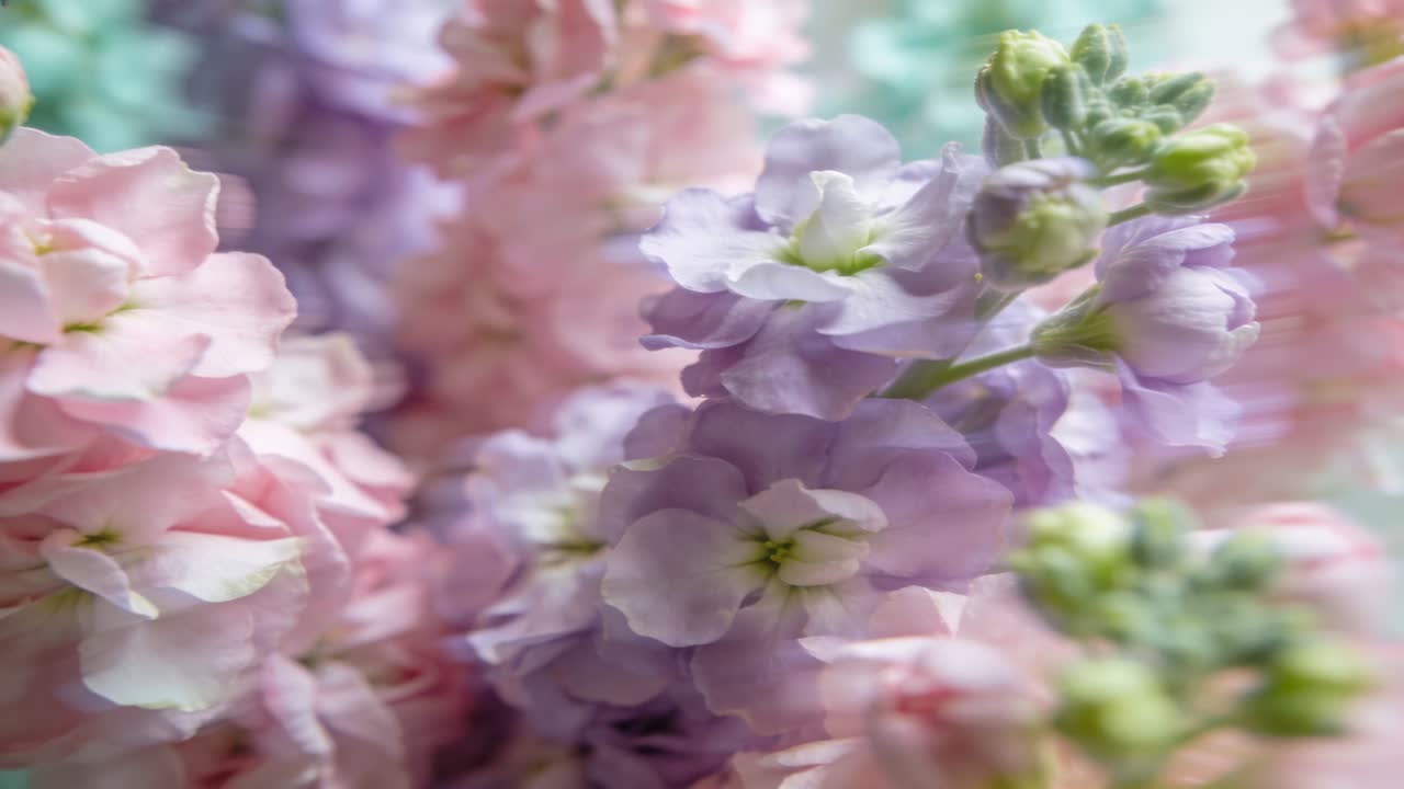 Shifting camera showing cluster of pastel flowers in studio macro, highlighting unopened green buds