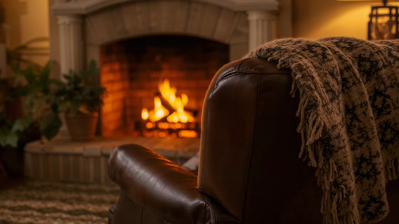 Fiamme del camino che proiettano una luce tremolante su una poltrona in pelle in salotto, coperta con frange, pianta