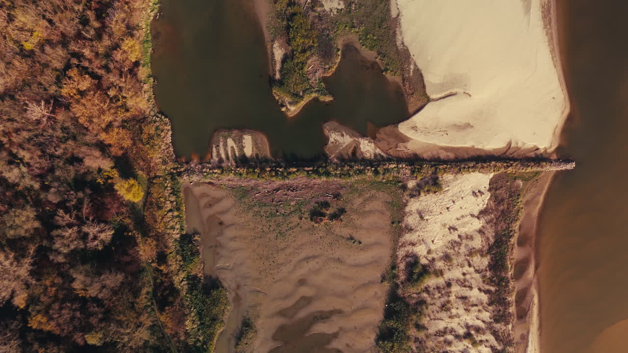 Aerial View of a River and Sandbar Landscape in Autumn