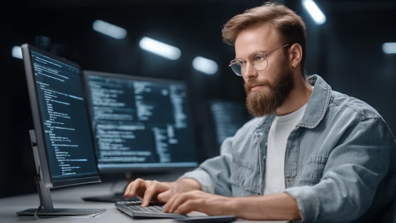 Focused Programmer Working on Coding Projects in a Modern Office Environment Surrounded by Multiple Monitors Displaying Lines of Code and Data in a Dimly Lit Room