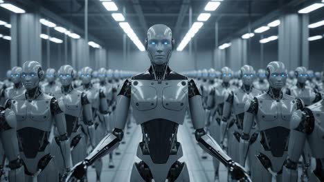 a remarkable standoff: advanced humanoid robots in formation, showcasing the future of artificial intelligence and robotic technology in a controlled environment