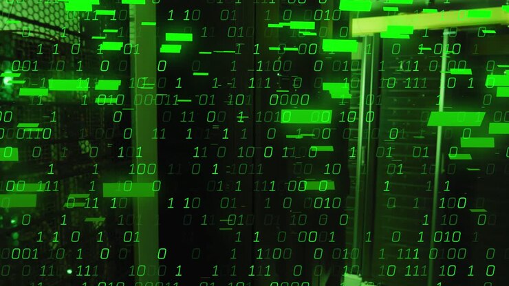 Animation of bars and binary codes over illuminated data server racks in server room