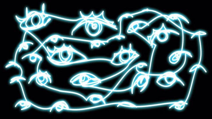 Neon blue eyes with doodle-style eyelashes.