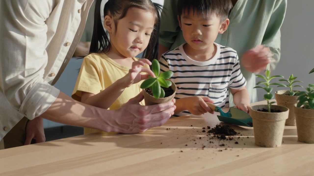 植物を持参した成人男性が、木製のテーブルでこてを使い、子供たちに鉢植えの仕方を教えている。土。