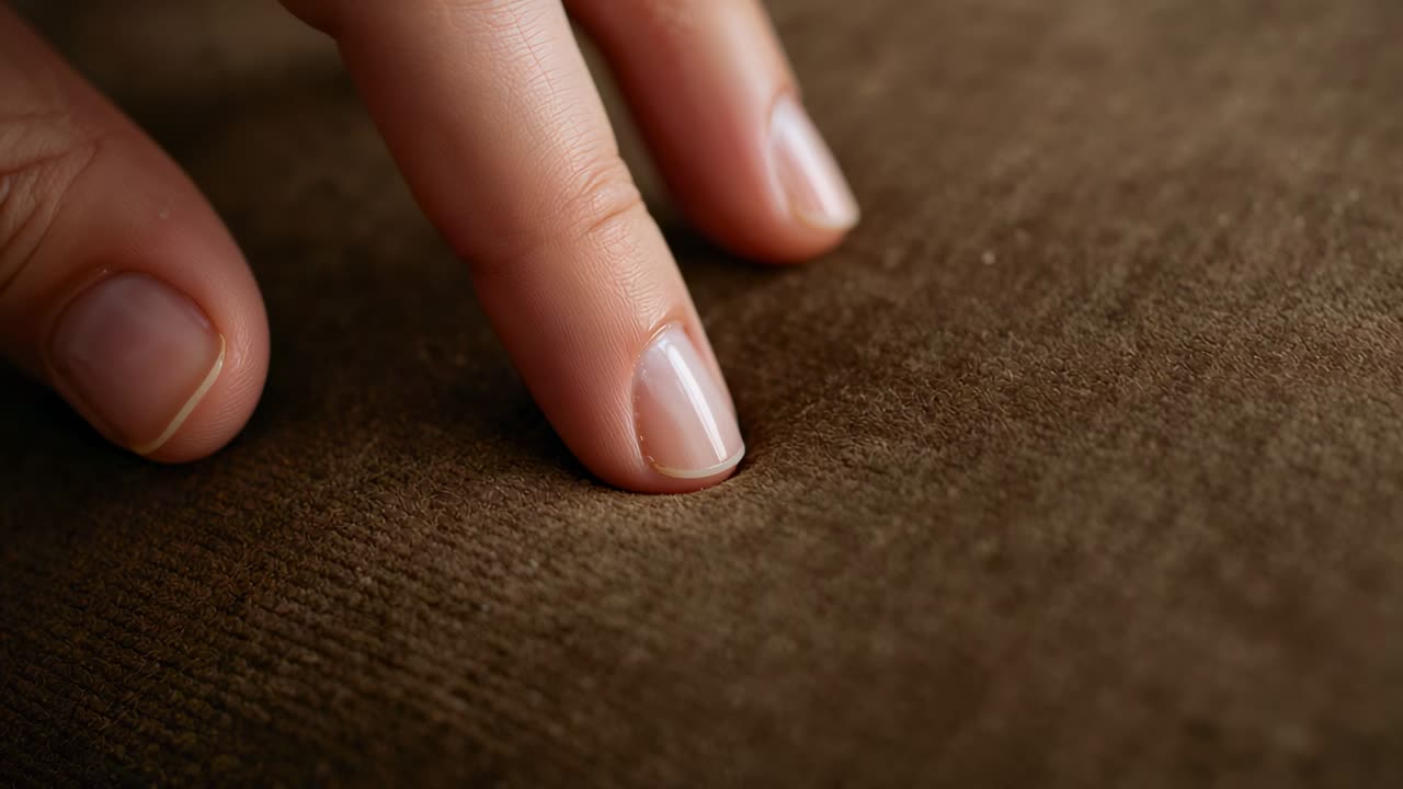 Touching fingertips initiating press on brown fabric couch, creating dimple testing softness