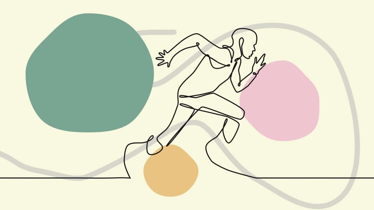Animazione di un disegno di corridore e forme su sfondo beige