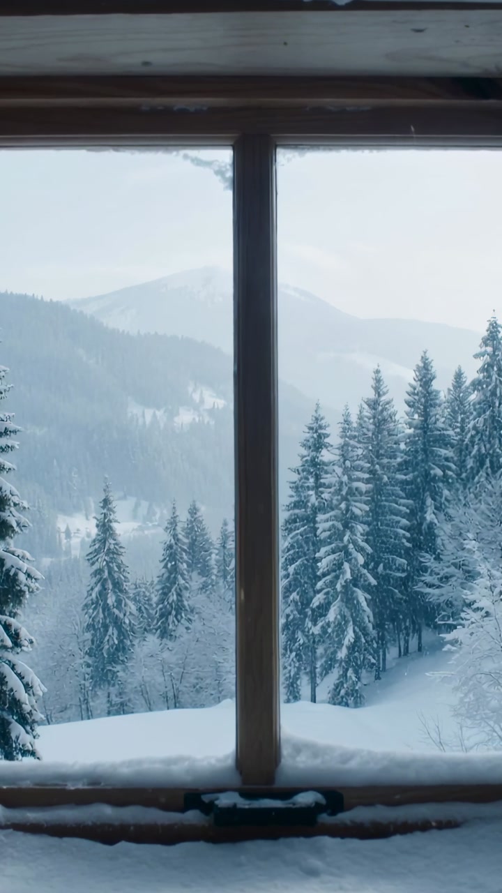 Vertical video: Camera recording framed winter view from window, showing muntin, latch, pines, peak