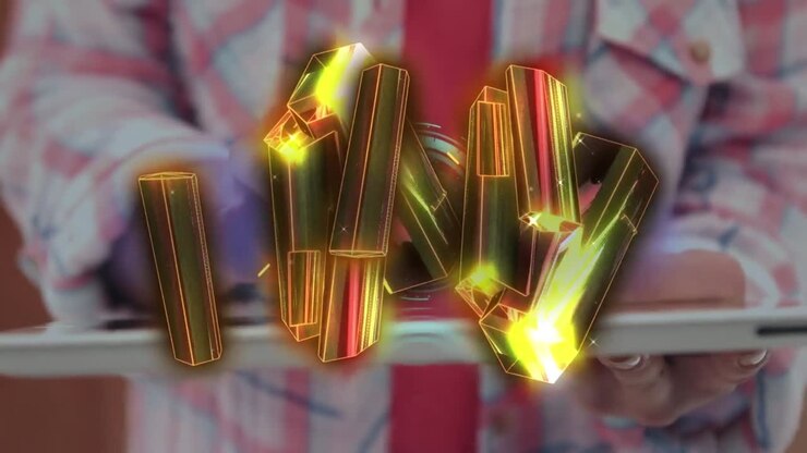 Animazione di forme 3D luminose su un uomo in primo piano che usa il laptop