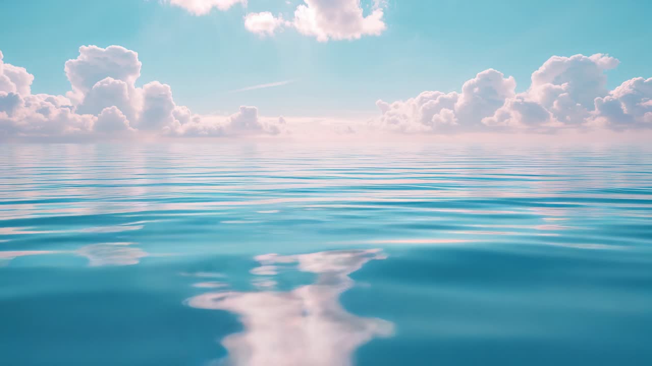 Rippling calm sea showing shifting cumulus cloud reflections at open sea, driven by breeze