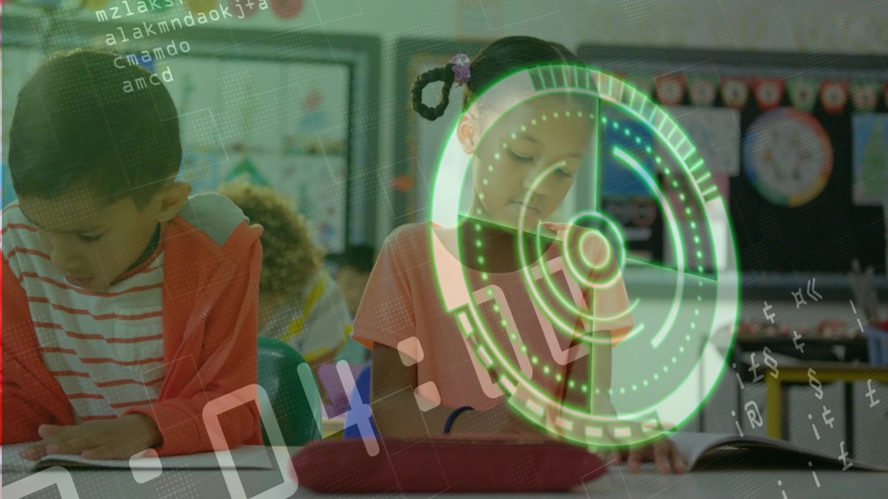 Students Studying with Futuristic Digital Interface in Classroom