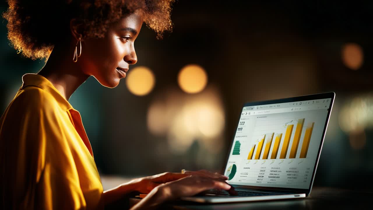 Focused analysis of growth metrics and data trends by a young professional, showcasing business intelligence through graphs and visualizations on a laptop screen in a modern workspace
