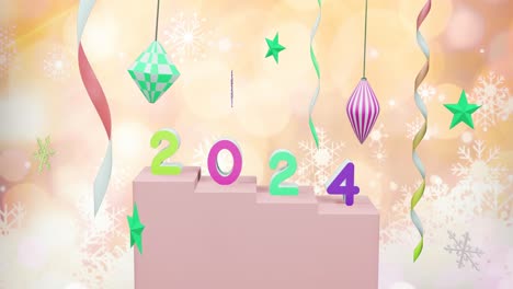 Animation-of-2024-text-and-christmas-decorations-in-background