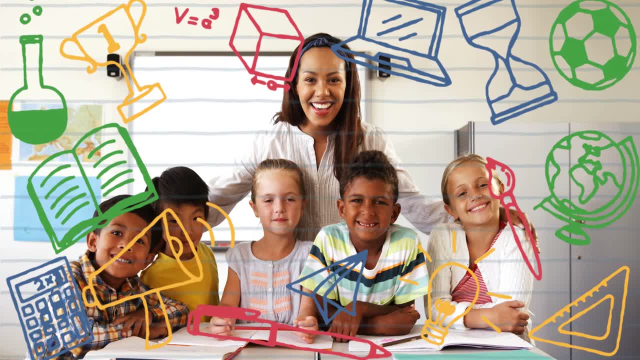 animación de iconos escolares sobre diversos escolares y maestros en el aula