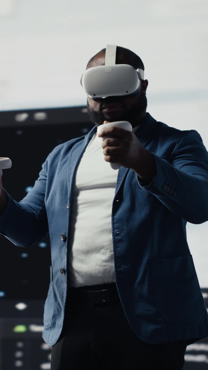 African American Man Exploring Virtual Reality with VR Headset and Controllers