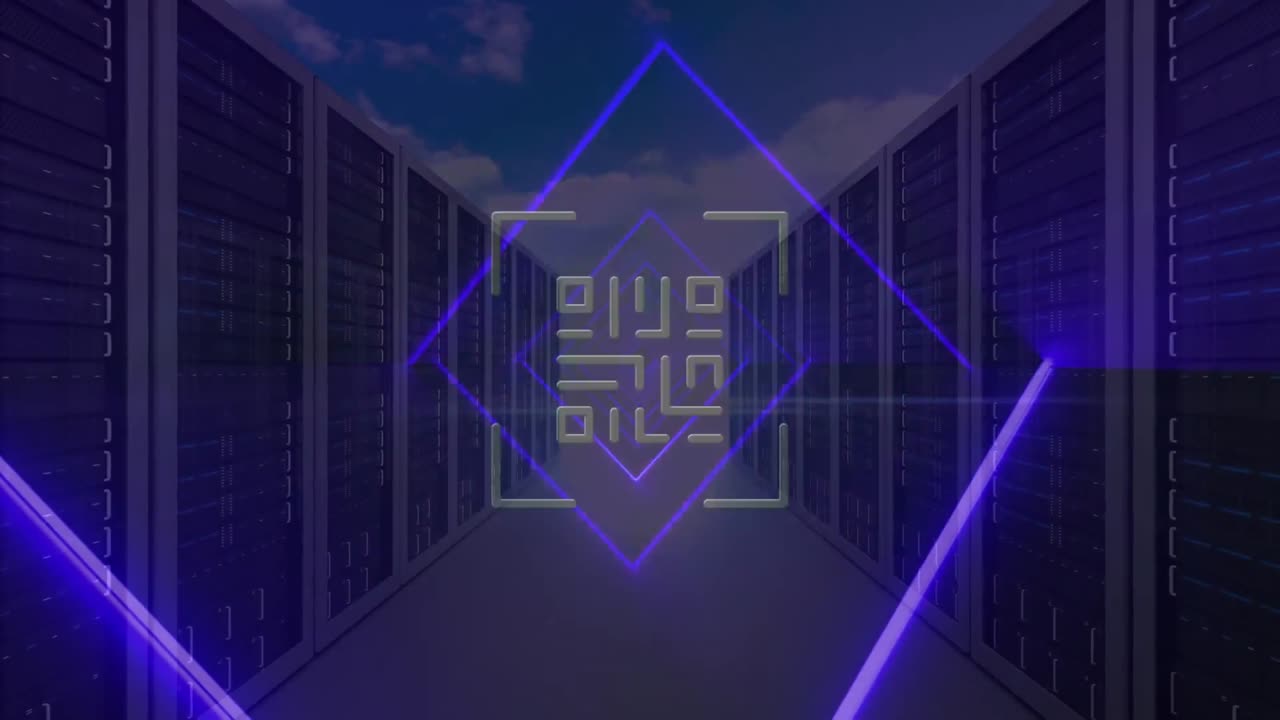 QR code scanner with neon elements against computer servers in sky