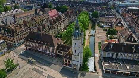 Clock-tower-and-cityscape,-Evreux,-Normandy-in-France