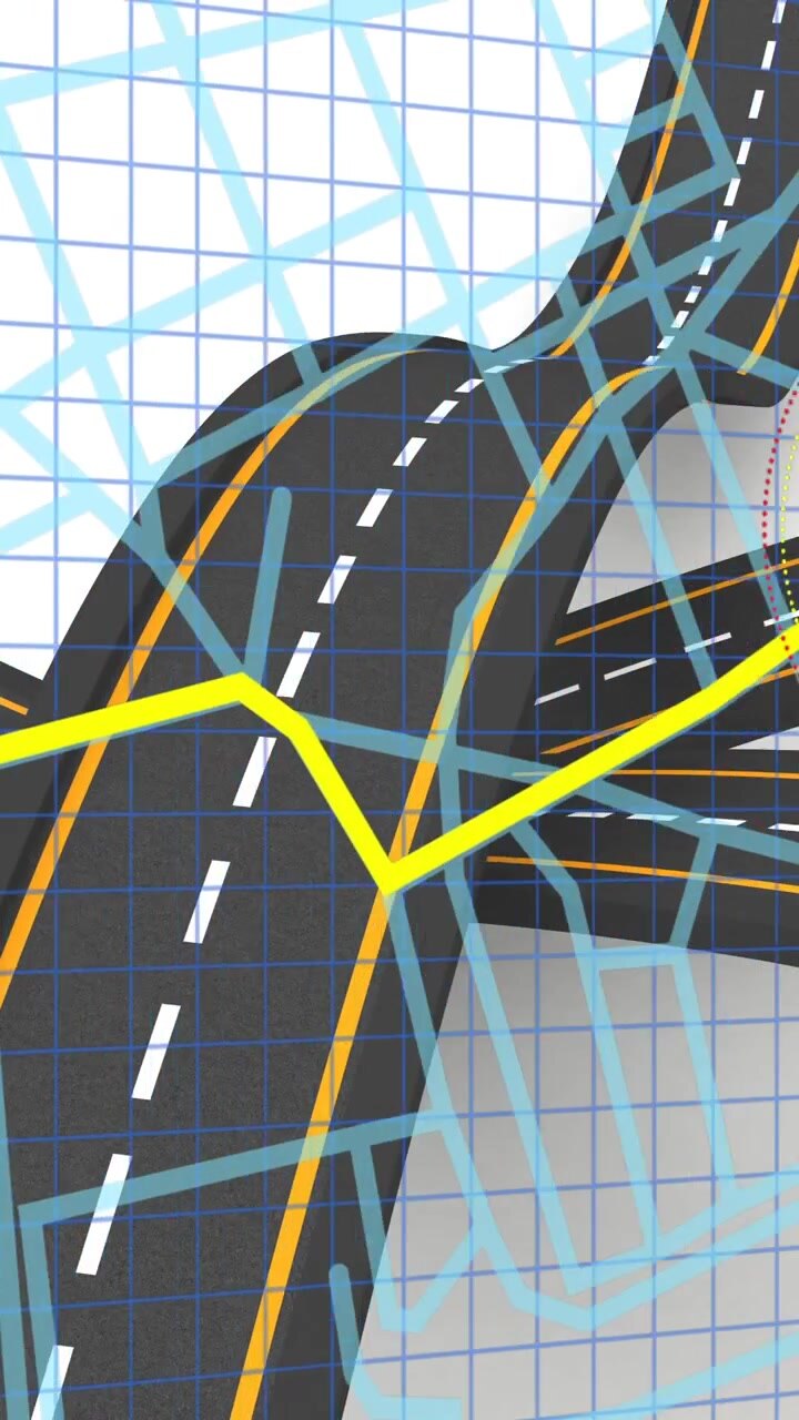 Animation of icons, check and roads on white background
