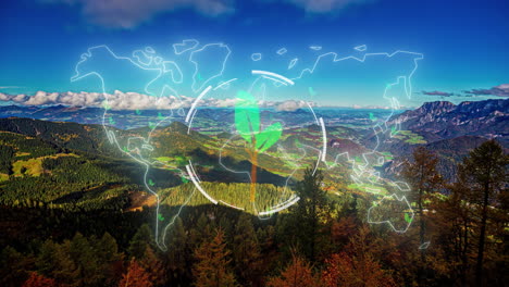 mountain forest converts carbon dioxide into oxygen for a clean, sustainable future for the earth - time lapse with a world map graphic concept